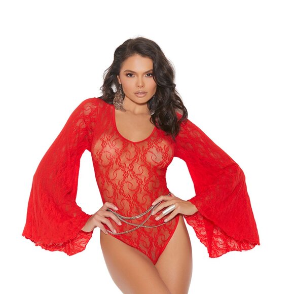 🔥 NEW Red Lace Teddy with Bell Sleeves Keyhole Back - Picture 3 of 6